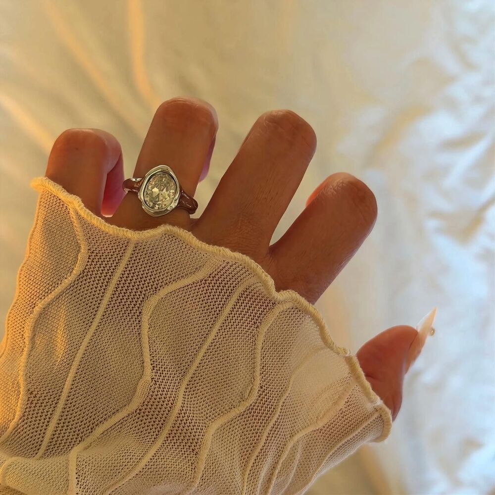 Silver Stainless Steel Oval Zircon Bezel Ring